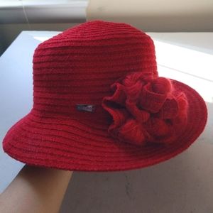 Betmar Red Chenille Bucket Hat with Flower (NWT)
